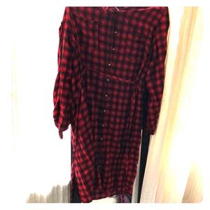 Red Plaid Maternity Button Shirt Dress Large